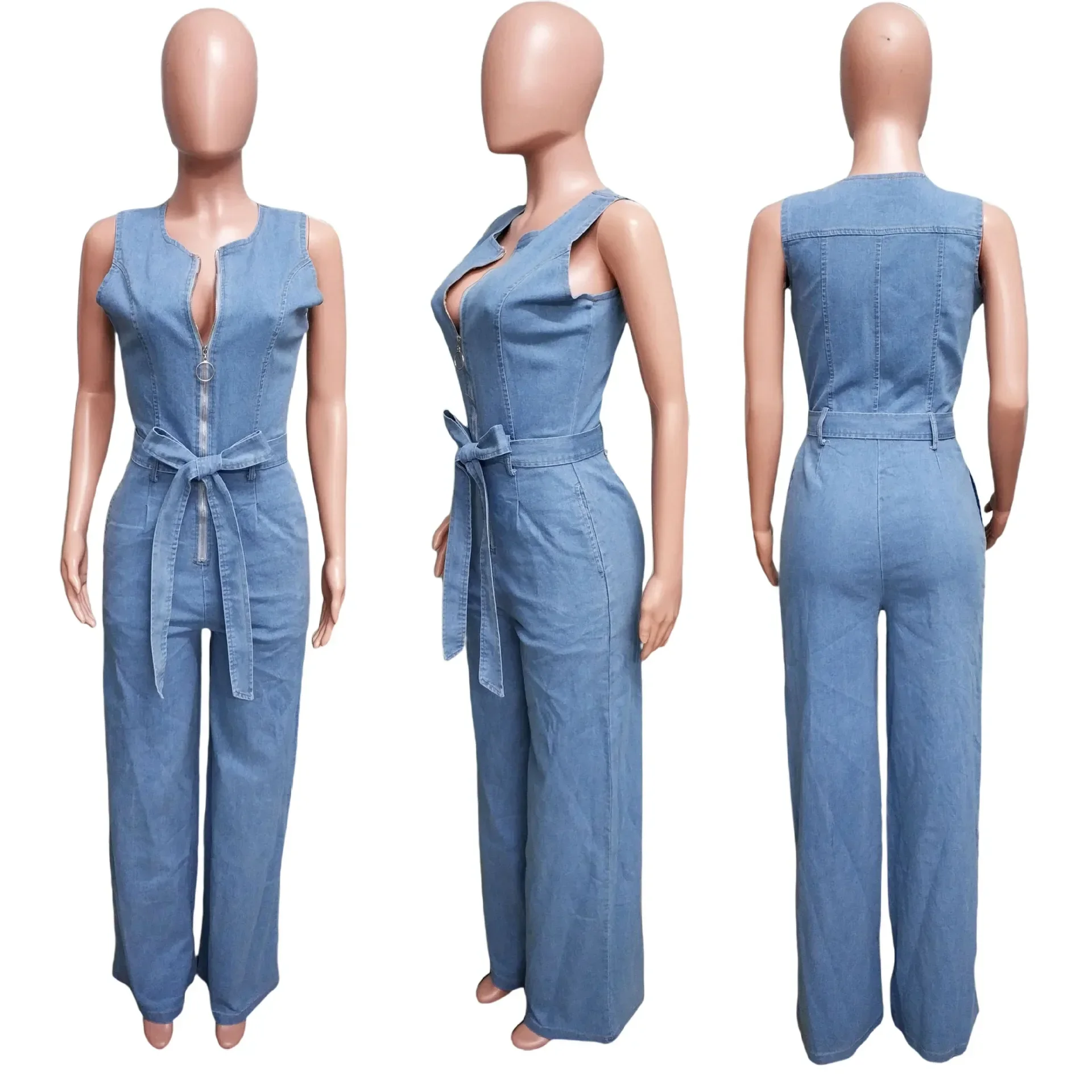 Fashion Women Denim Sleeveless Zipper Fly with Belt Side Leg Jeans Jumpsuit Streetwear Sexy One Piece Suit INS Playsuits