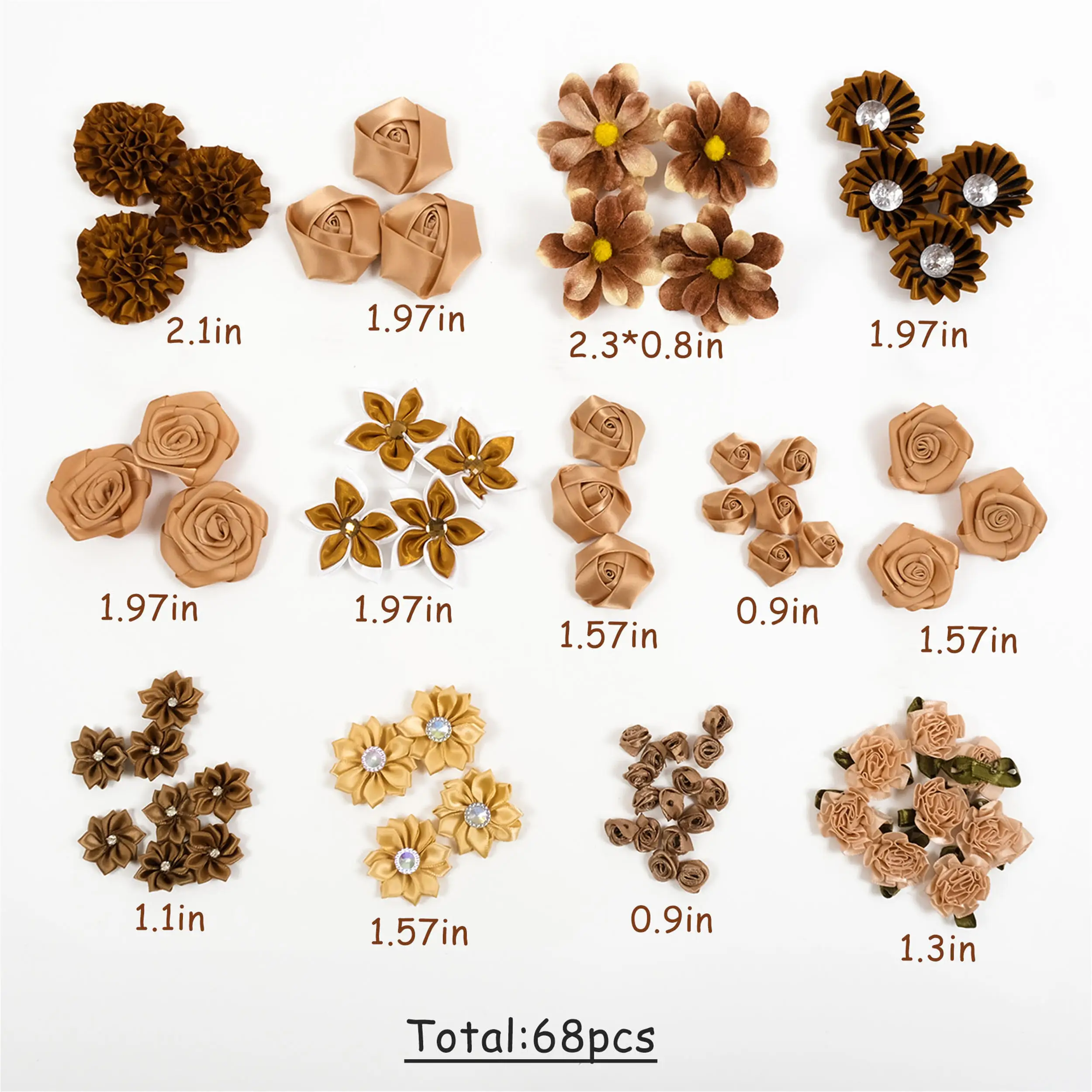 Mix Satin Flower Combo Set / 68PCS Khaki Ribbion Flower For DIY Crafts Scrapbook Doll Dress Cards Decor Applique