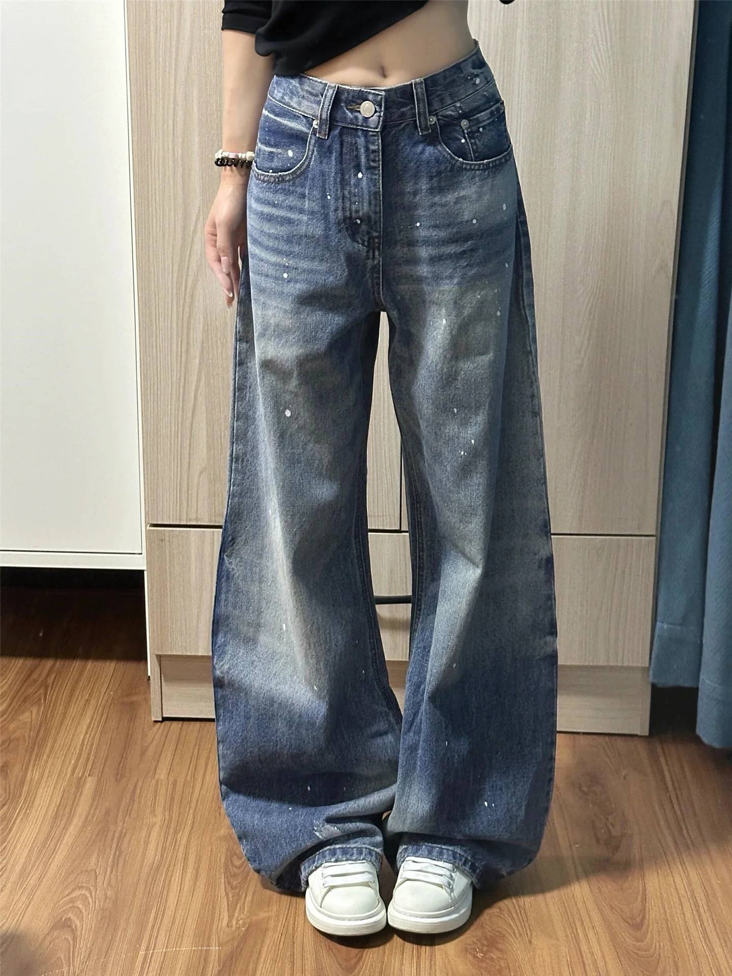 

Ретро-джинсы в американском стиле с граффити, широкие, свободные, струящиеся, удлиненные, прямого кроя, из хлопка, повседневные, с высокой талией, деним