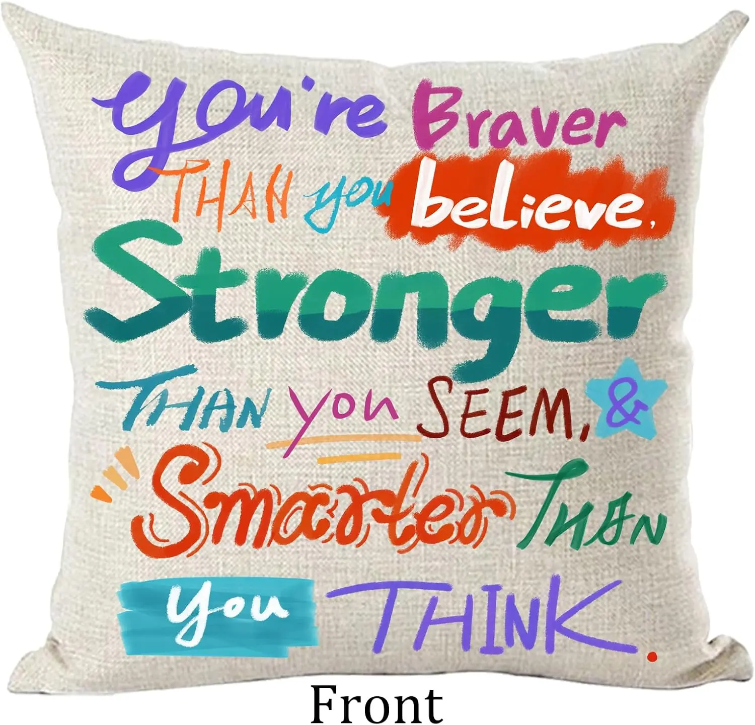 Inspirational Quote Pillowcase, You're Braver Than You Believe Cushion Cover, Colorful Typography Home Decor, Motivational Gift