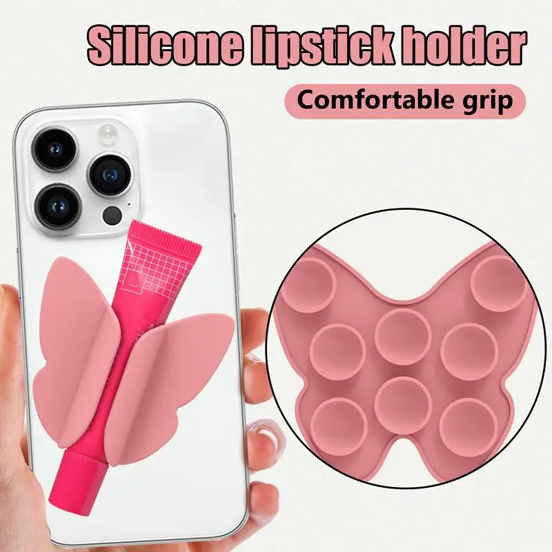 Soporte de silicona para lápiz labial con ventosa, antipérdida, forma de mariposa, brillo de labios, funda para teléfono, lápiz labial multifuncional, soporte para teléfono