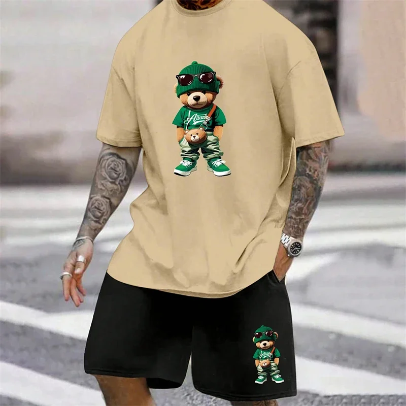 Fun Bear Harajuku T-Shirt Men's Summer Loose Daily Couple Suit Outdoor Street Short Sleeve Shorts Two Piece Men Summer Suit - view 3