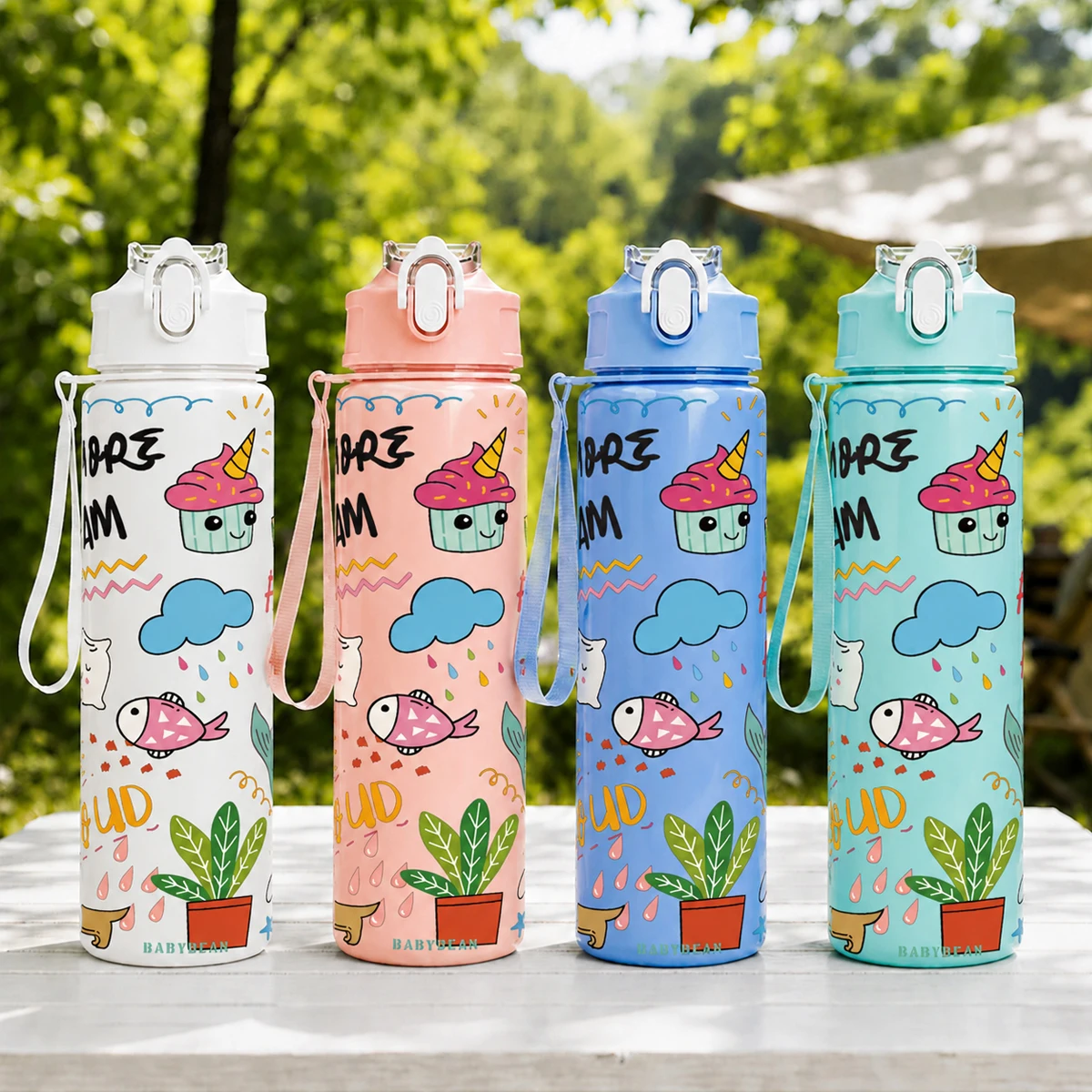 750mlCute Graffiti Pattern Plastic Water Bottle With Lanyard Flip Top Leakproof Portable Sports Drinking Cup For Student Outdoor