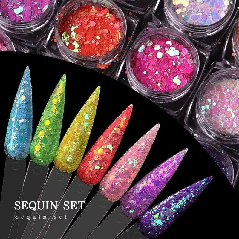 Juego de lentejuelas hexagonales de sirena para uñas, copos de purpurina de sirena de colores, tamaños mezclados, 0,2-3mm, 12 colores por kit