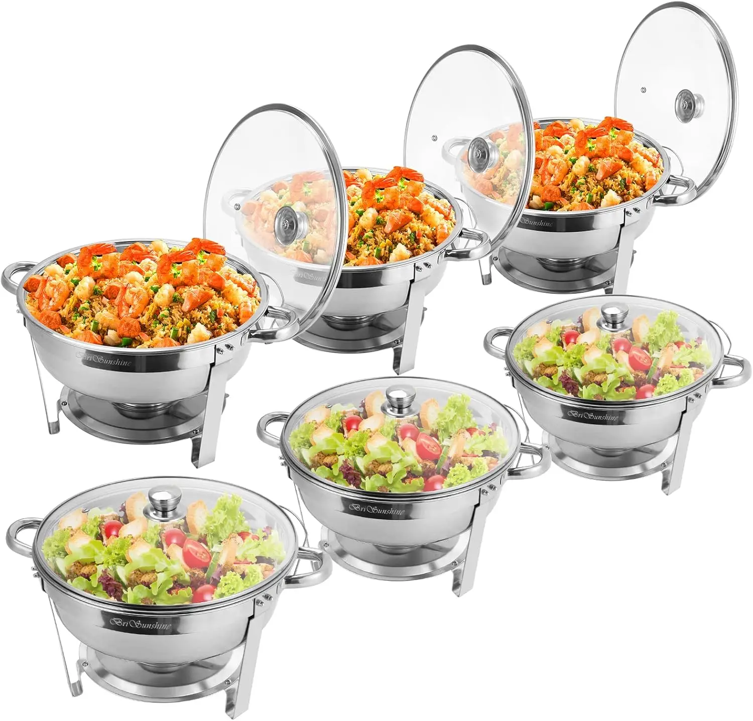 

Buffet Set 6 Packs, 5 QT Stainless Steel Round Dishes with Glass Lid & Lid Holder, Food Warmer For Parties Buffet