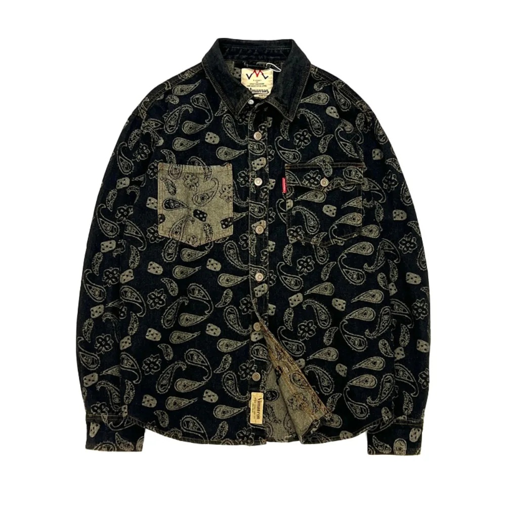 Fashionable men's new retro American jacquard wash long-sleeved denim shirt cargo loose casual shirt coat