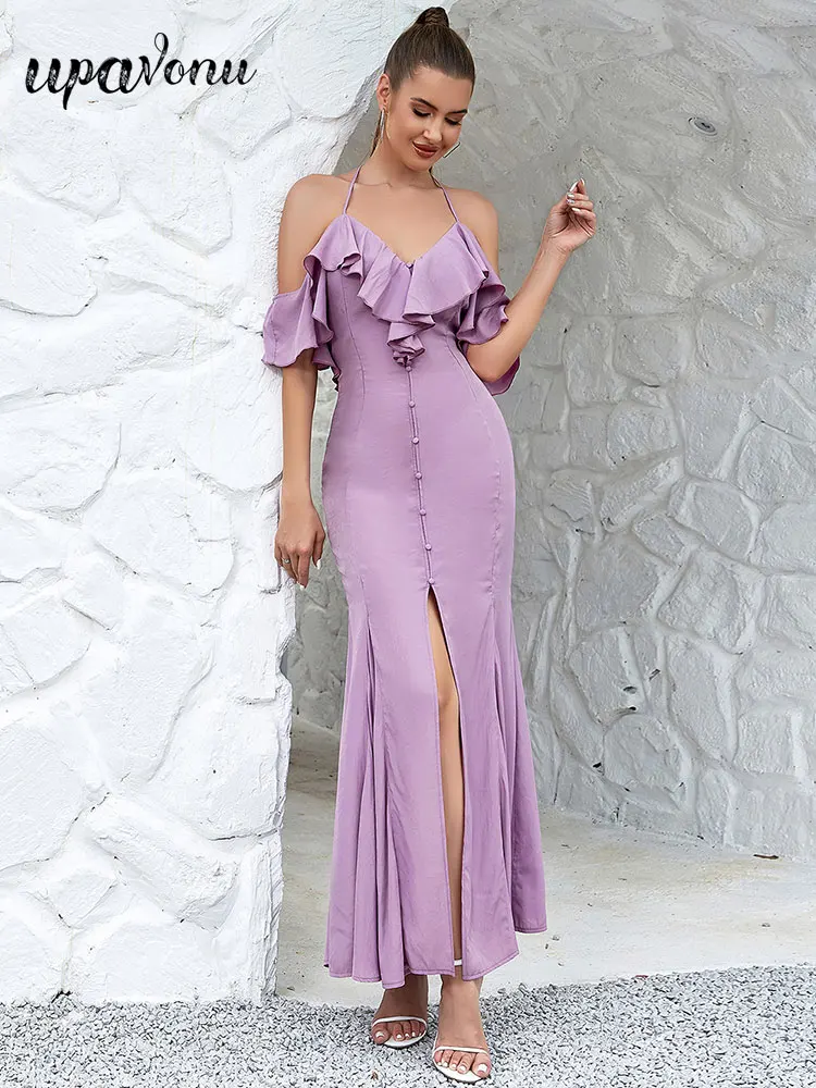 

Sexy Summer Vacation Dresses Spaghetti Strap Sleeveless Ruffle Single breasted Design Slim Fit Split Length Dress Beach Dresses