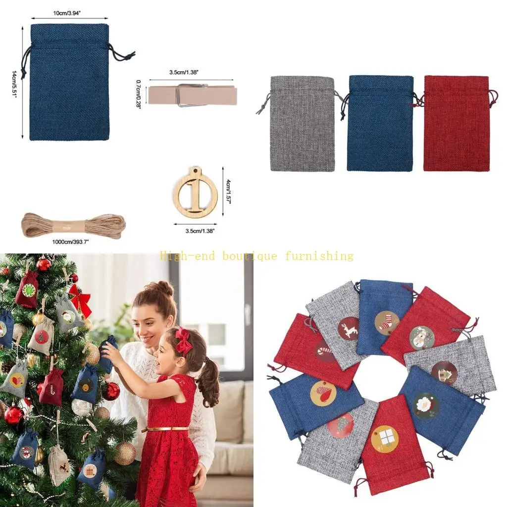 

L9NB Christmas Advent Calendar Bags 24 Days Countdown Calendar Gift Bags DIY Set for Xmas Gift Candy Drawstring Pocket