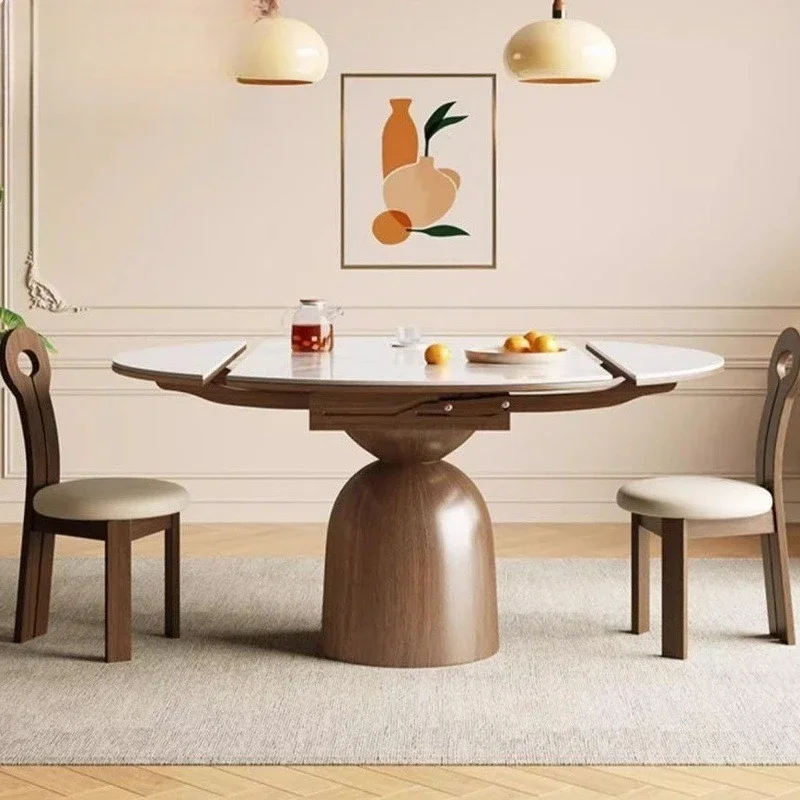 

Medieval rock slab dining table Small household light luxury solid wood table and chair combination retractable