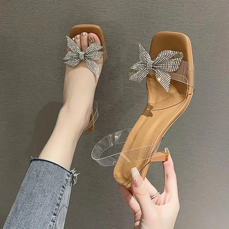 2024 Summer New Transparent PVC Fashion High with Sandals Fine with Bow Outside Wear Slippers Square Head Women Shoes