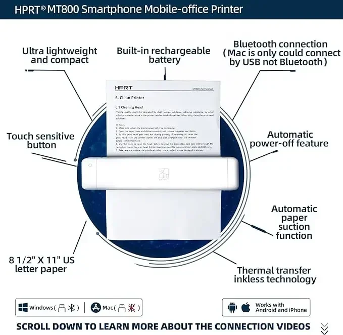 GlowMartHPRT MT800Q wireless BT portable printer supports letter and A4 paper compatibility with Android and IOS for mobile