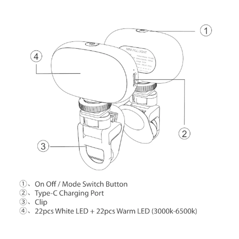 Селфи-вспышка с зажимом для телефона, 600 мАч