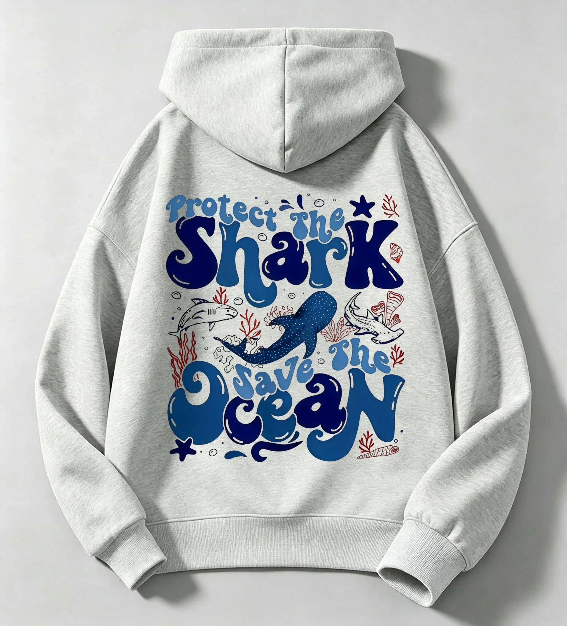 Y2K Warm Kids Hooded Sweatshirt, Cute Shark Ocean Theme Print Hoodie for Boys Girls Autumn Winter