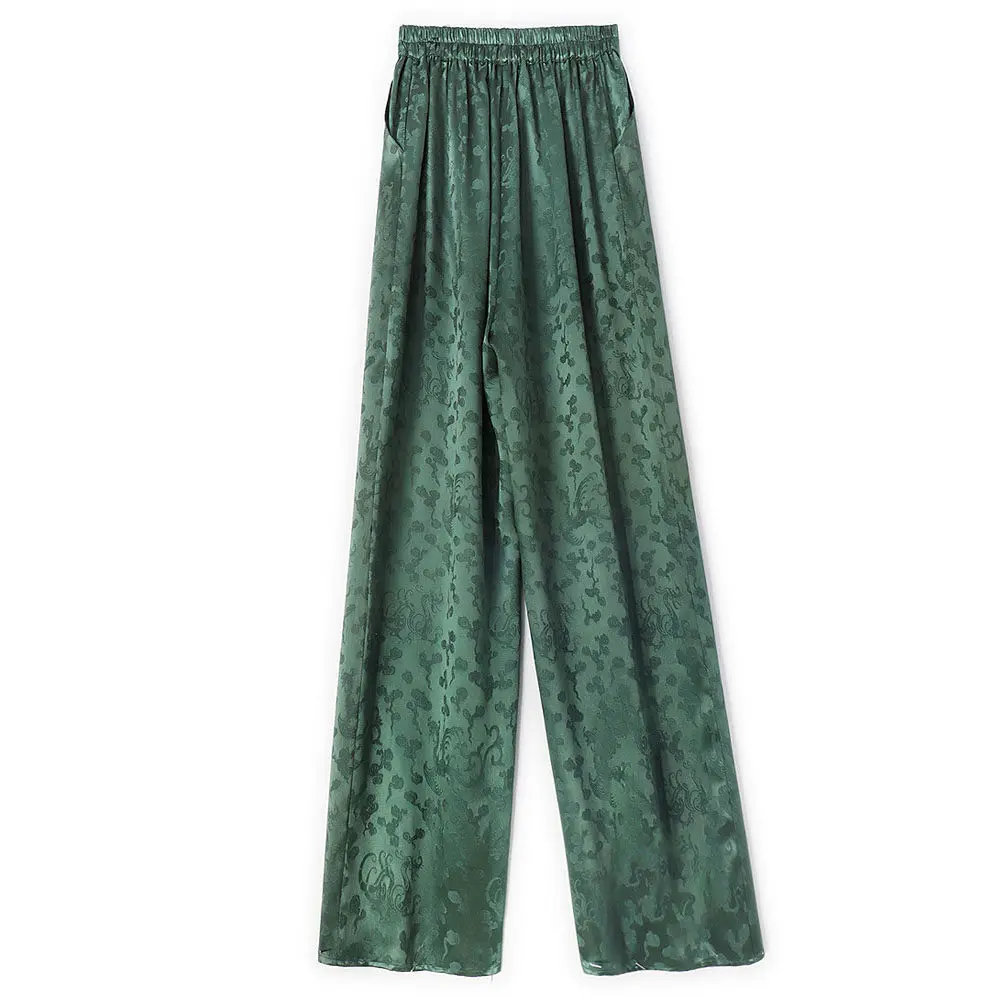 BirdTree-50MM Silk Watered Gauze Elegant Pants, Elastic Waist Jacquard, Women Retro Luxury Wide Leg Pants, 2026 Spring B62032CC