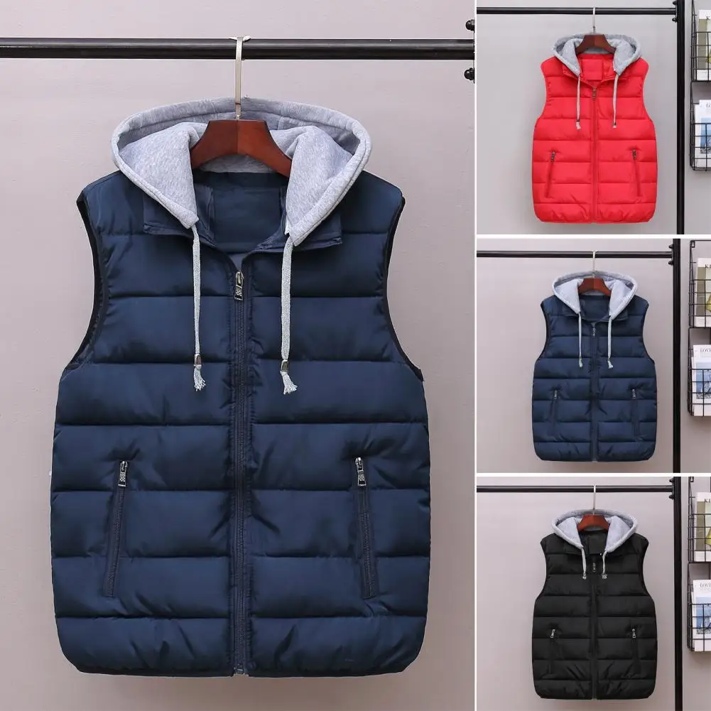 Moisture-wicking Winter Vest Men's Hooded Sleeveless Down Vest with Zipper Closure Pockets Warm Comfortable Waistcoat for Winter