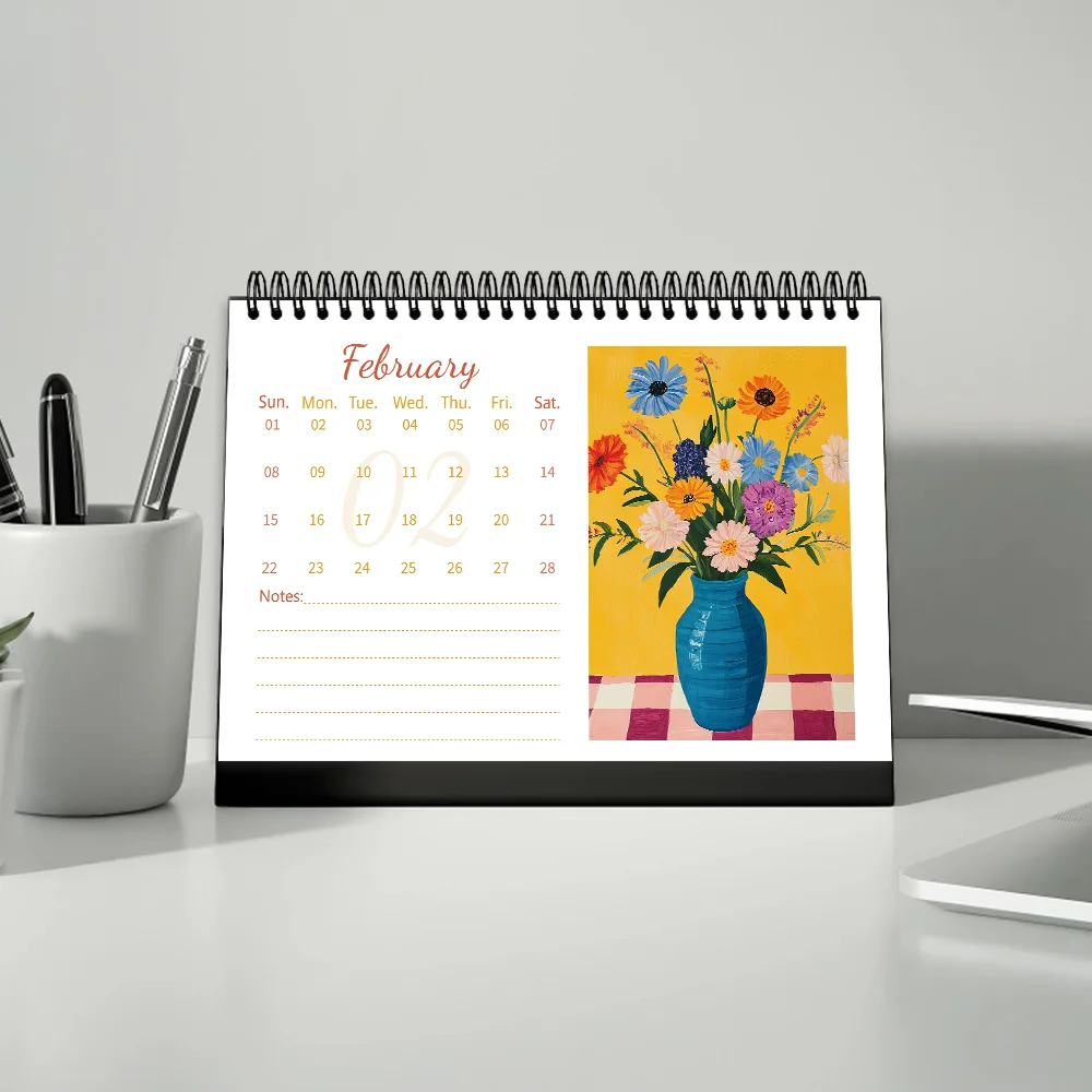 1pc 2026 Calendar,Retro Floral Illustration,Abstract Art Style,Standing Desktop Organizer,Perfect Gift for Birthdays,Christmas