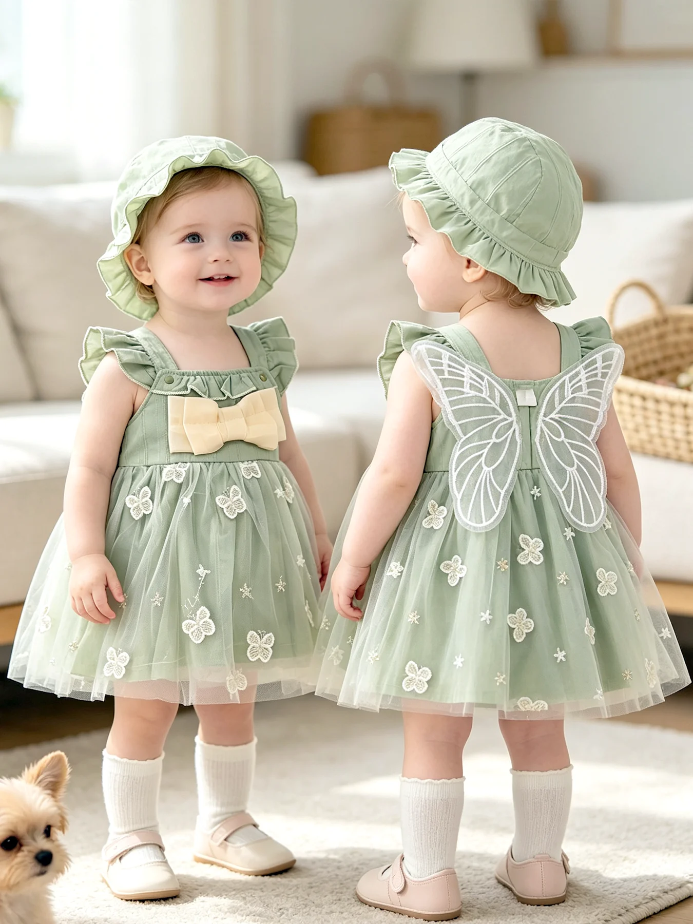 Baby-Mädchen-Kleid mit Schleife, grünen Flügelärmeln, Mesh, frisches Mädchen-Trägerkleid, Prinzessinnenkleid, zweiteiliges Set, Frühlings- und Sommerkleid – Detail 3