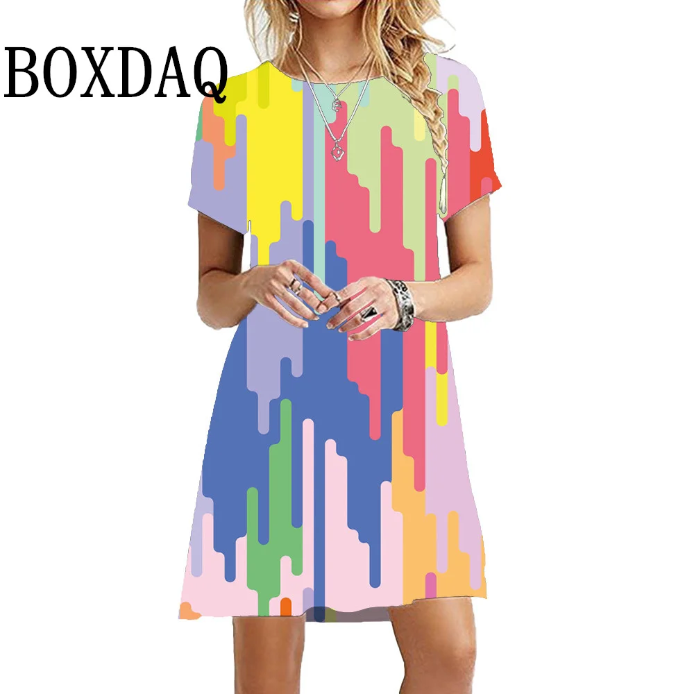 

Elegant Rainbow Printed Women's Mini Dress Fashion O-Neck Short Sleeve Clothes 2024 Spring Female Causal Loose Oversize Vestidos