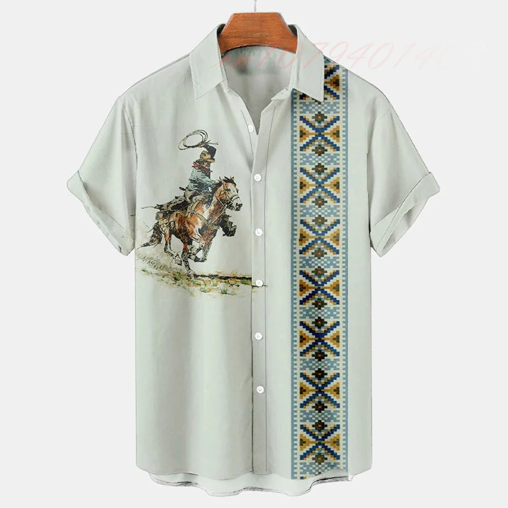 Men's Summer Shirt Casual Retro Ethnic Cowboy Hawaiian Shirt 3D Printing Short Sleeves Lapel Beach Wear Buttons Outdoor Clothing