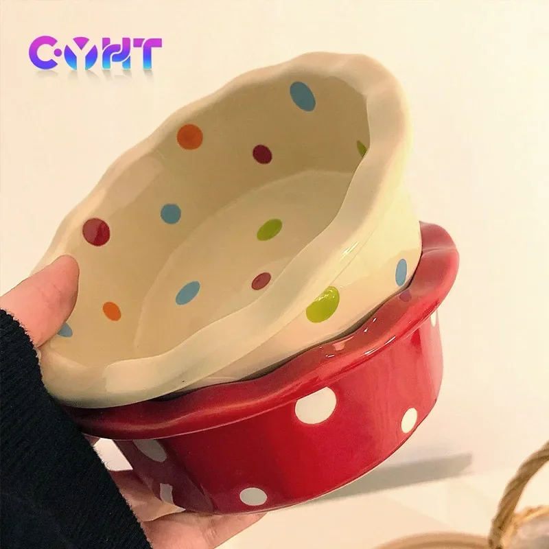 5.5 Inch Lace Polka Dot Bowl Ceramics Fruit Bowl Household Salad Dish Cute Korean Style Dessert Circular Yogurt Baking Tableware