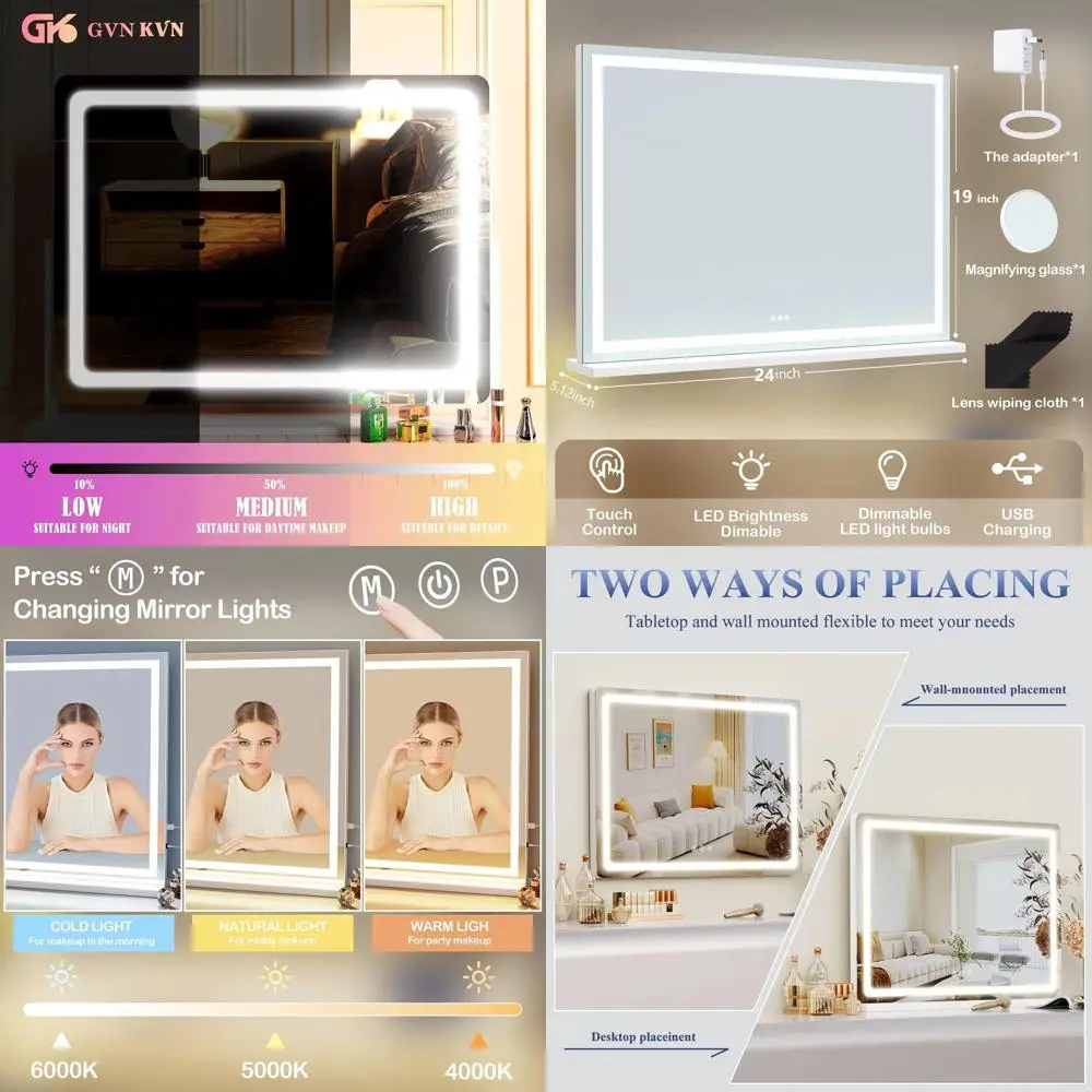 مرآة مكياج بإضاءة LED مقاس 24 × 19 مع منفذ USB، تكبير 10 مرات، 3 أوضاع قابلة للتعتيم، تحكم باللمس باللون الذهبي #1