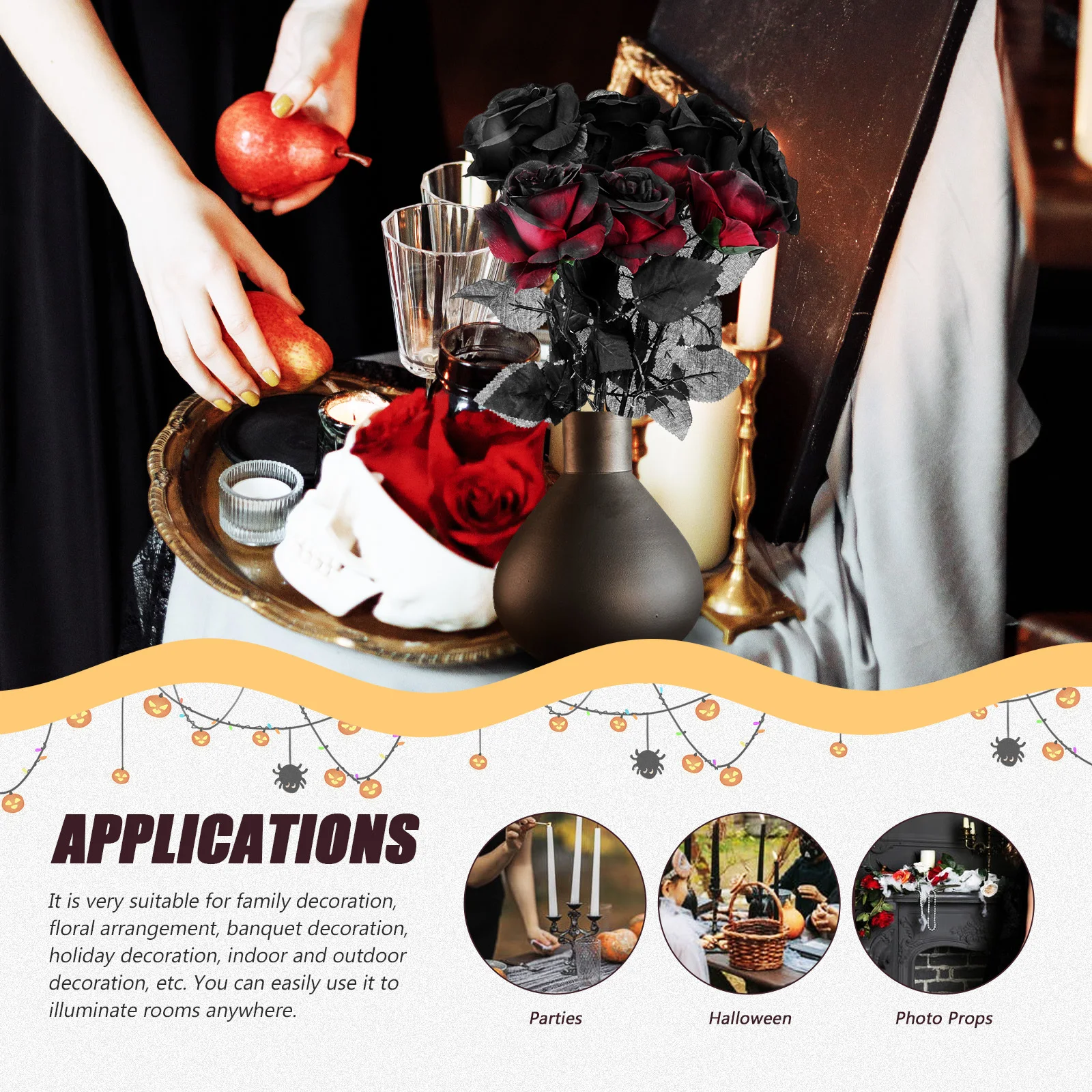 12 Pezzi di Rose Nere Artificiali, Decorazioni per Feste di Halloween, Matrimoni Stregati e Arredamento Domestico
