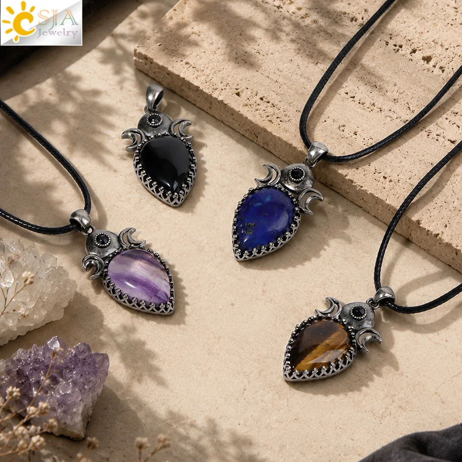 CSJA Crystal Pendant Necklace Water Drop Natural Stone Tiger Eye Amethyst Double Moon Pendants for Men Women Energy Jewelry H912