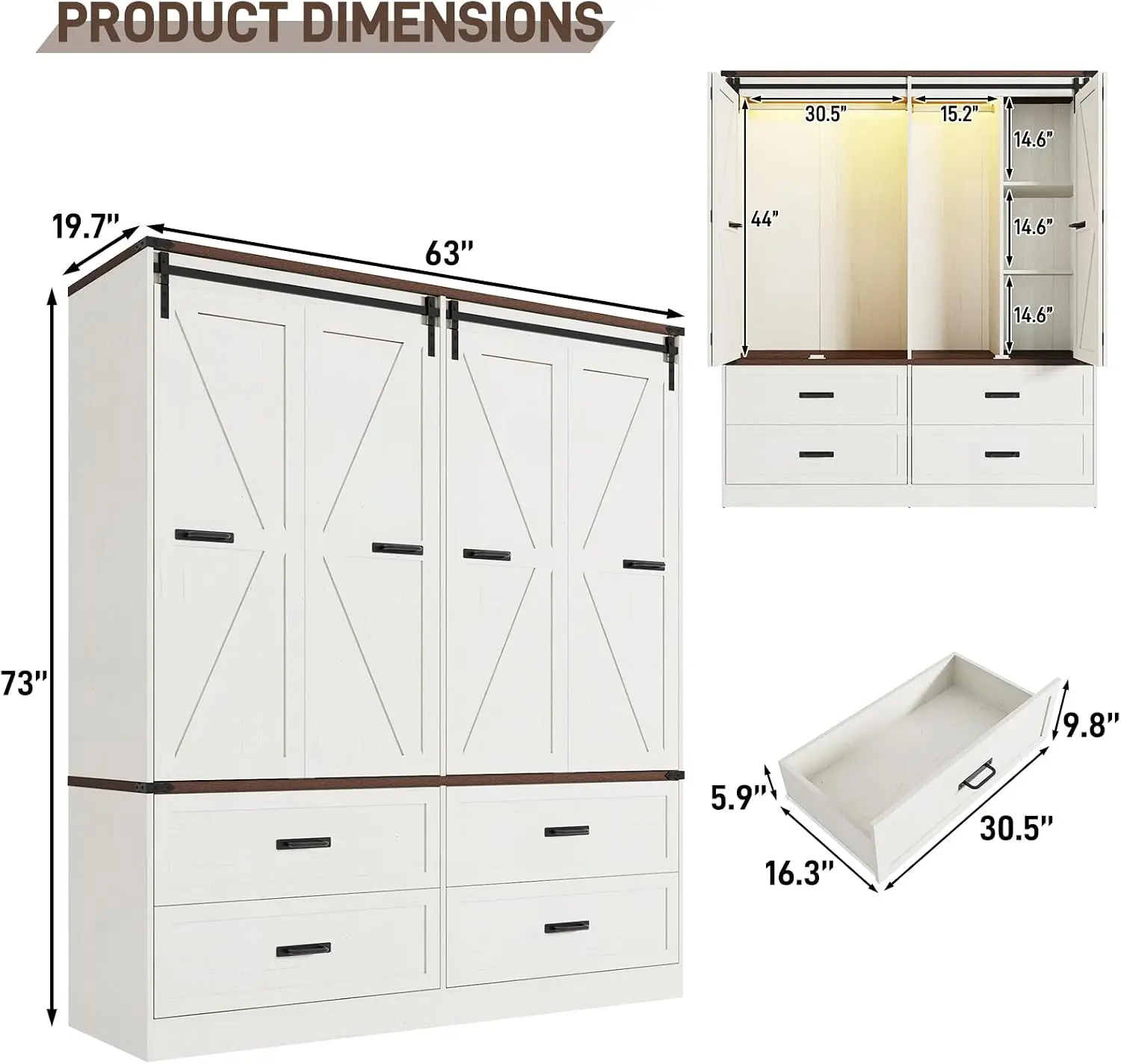 Farmhouse 4 Doors Armoire Wardrobe Closet w/Folding Sliding Barn Door and Lights, LED Armoire Closet w/Drawers for Bedroom, Free