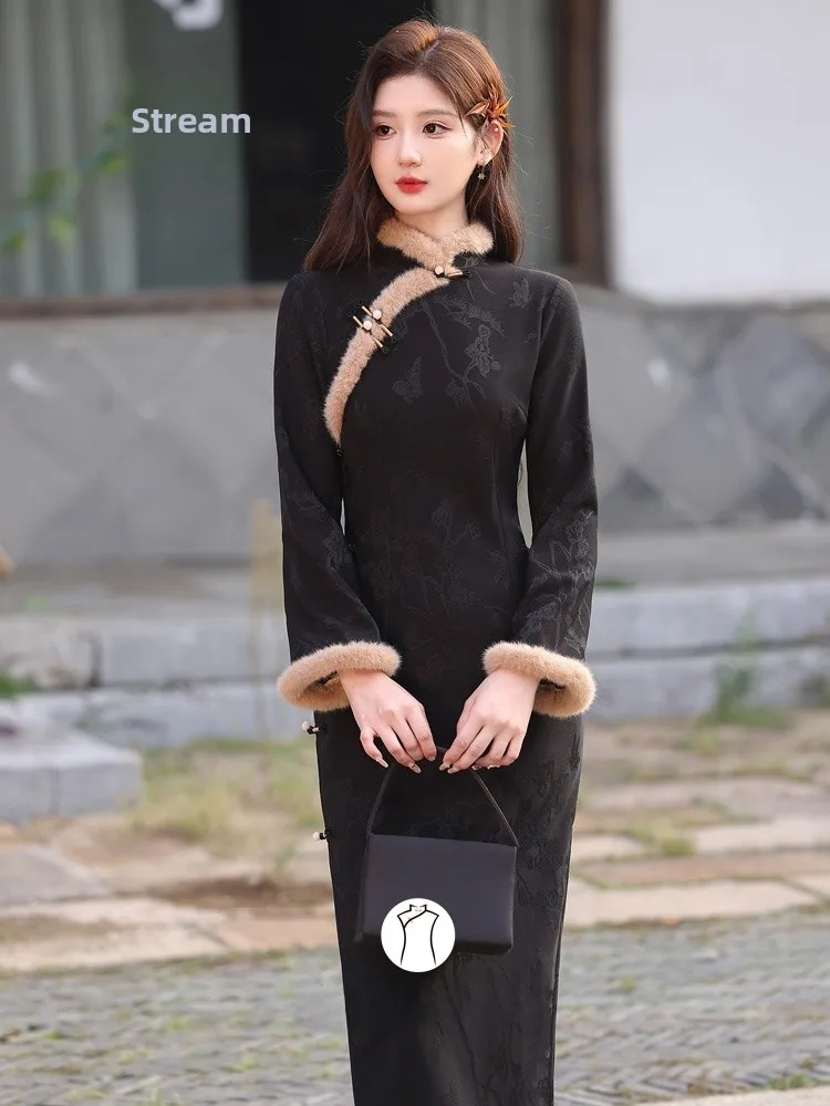 

Ele Long Bla на меховой подкладке Thiened Traditional Chinese Sle Winter Faion Retro Republic of Chi Women...