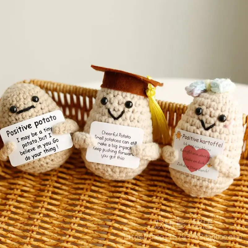 Cute Positive Energy Potato Doll 1pc Handmade Woven Vegetable Yarn Doll English Slogan Home Desktop