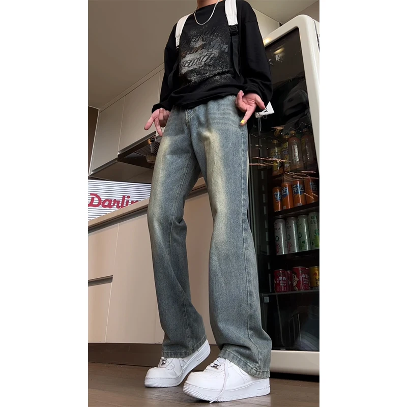

American High Street Vintage Knife Jeans Men's Spring Autumn High Waist Flared Pants Rise Lengthened Straight Leg Jeans