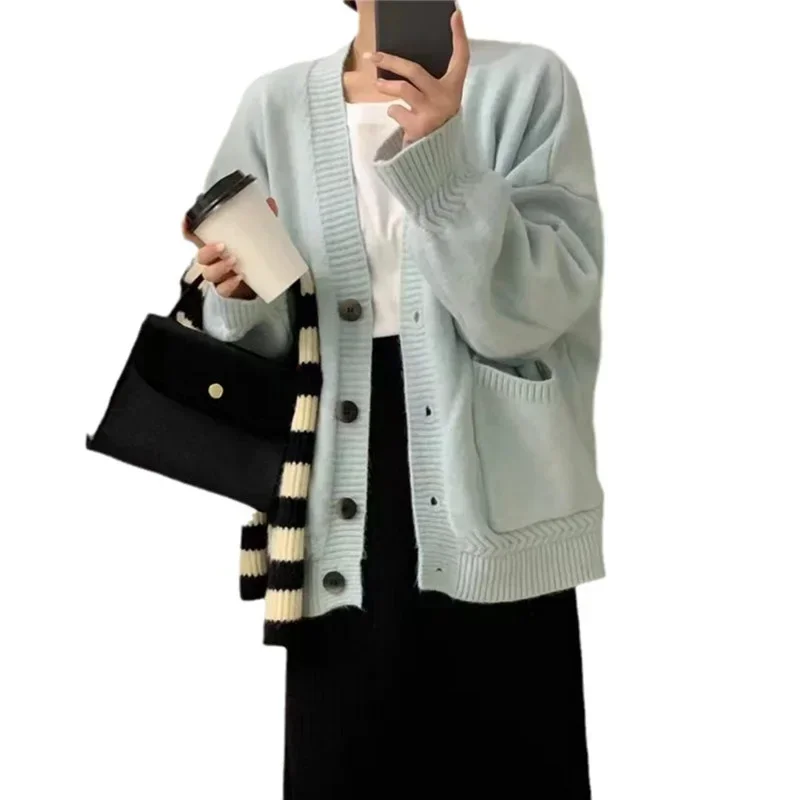 싱글 브레스티드, 단색, 레이지 윈드, 오픈 스티치 2025 여성용 빅 포켓 니트 가디건 스웨터, 숏 탑스, 브이넥