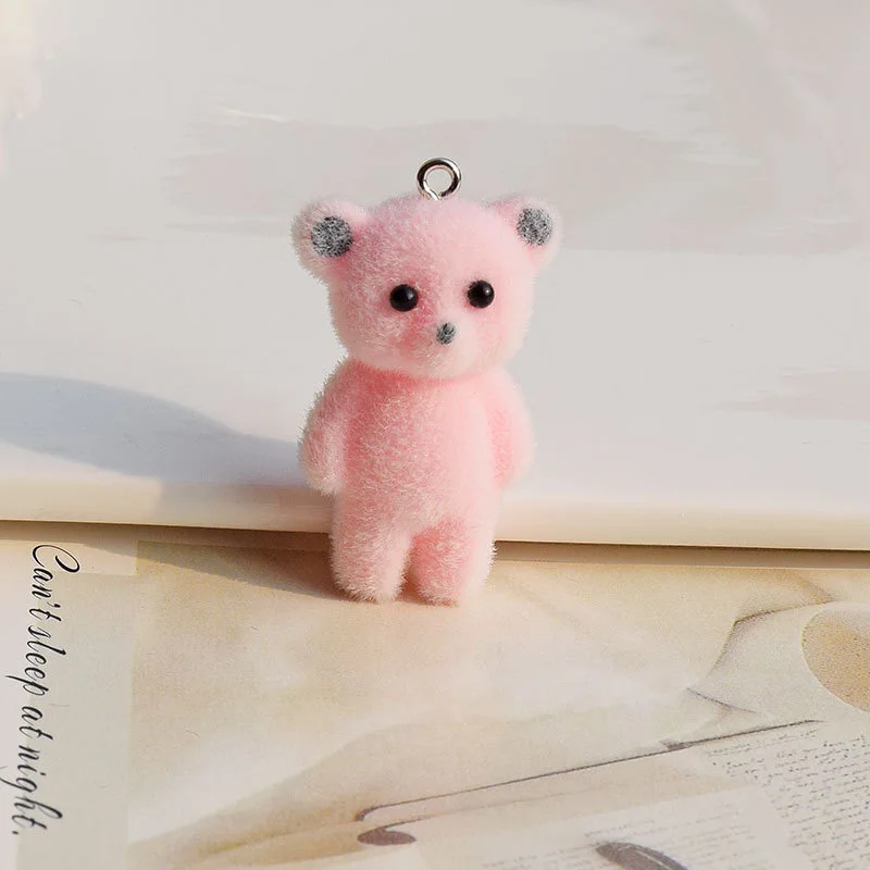 30Pcs 3D Flocked Cute Bear Charms Cartoon Animal Resin Pendant  For Make DIY Jewelry Mobile phone chain Keychain accessories