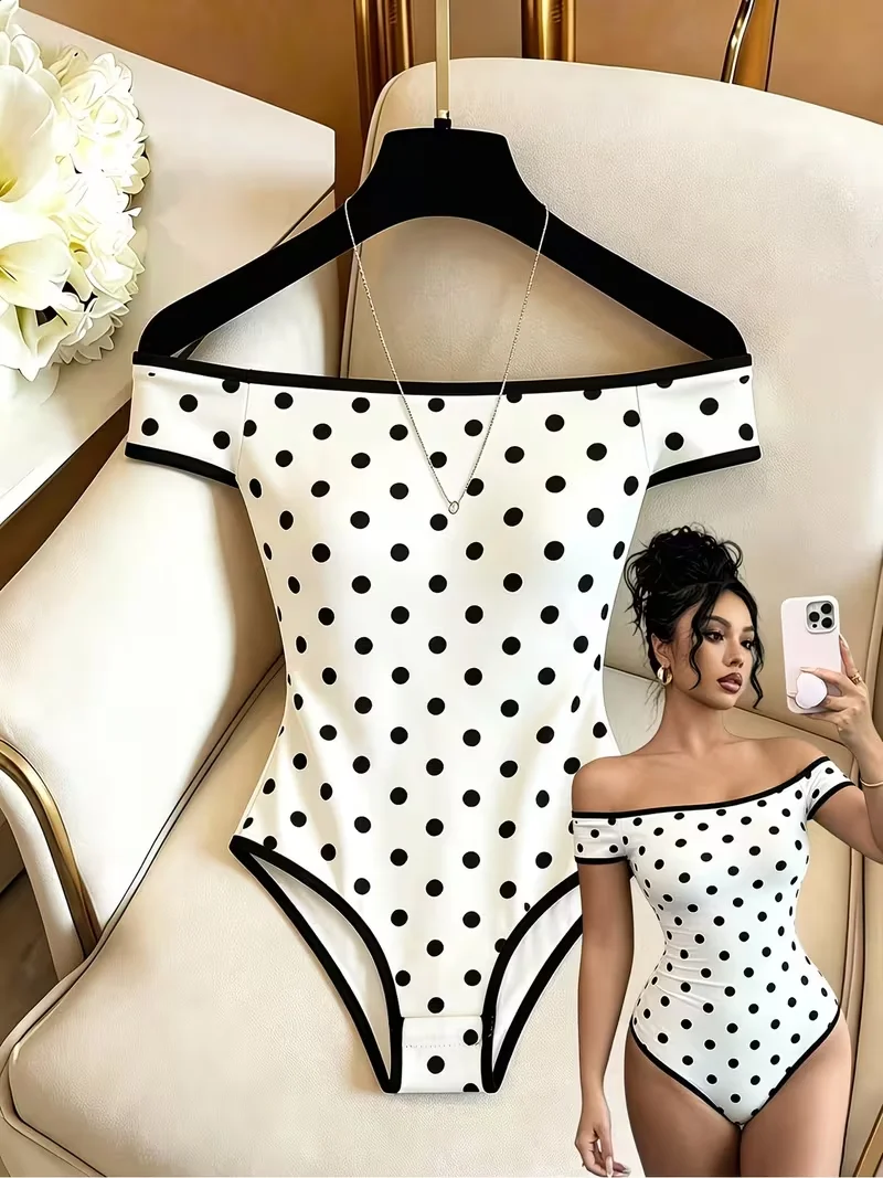 Women 3 Pack Off Shoulder Bodysuits Short Sleeve Polka Dot Print Bodycon Tops Slim Fit Basic Jumpsuit Casual Layering Bodysuit
