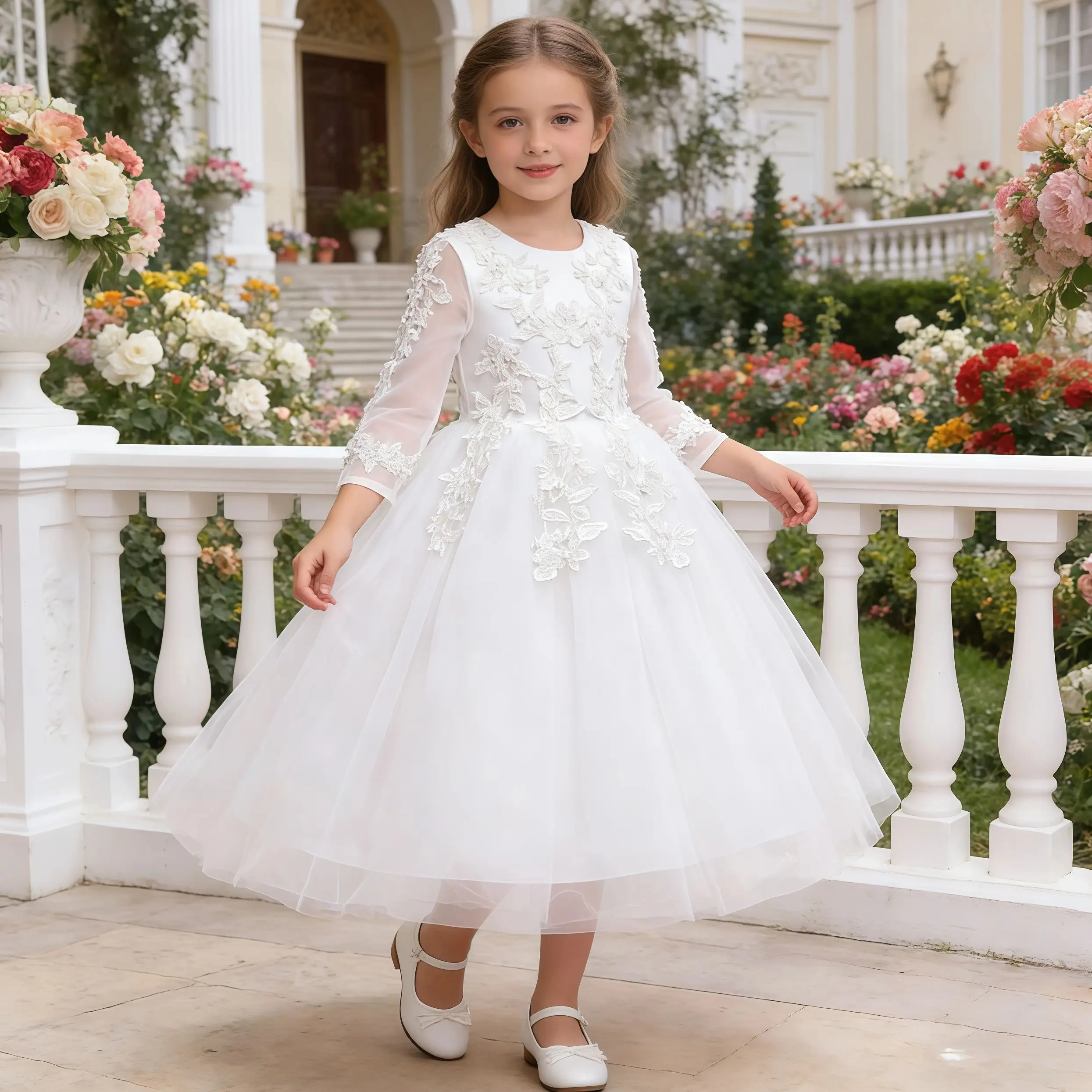 

White Dress Flower Girls Bow Tulle Princess Dress For Children Birthday Party First Communion Wedding Festival Pageant Vestidos