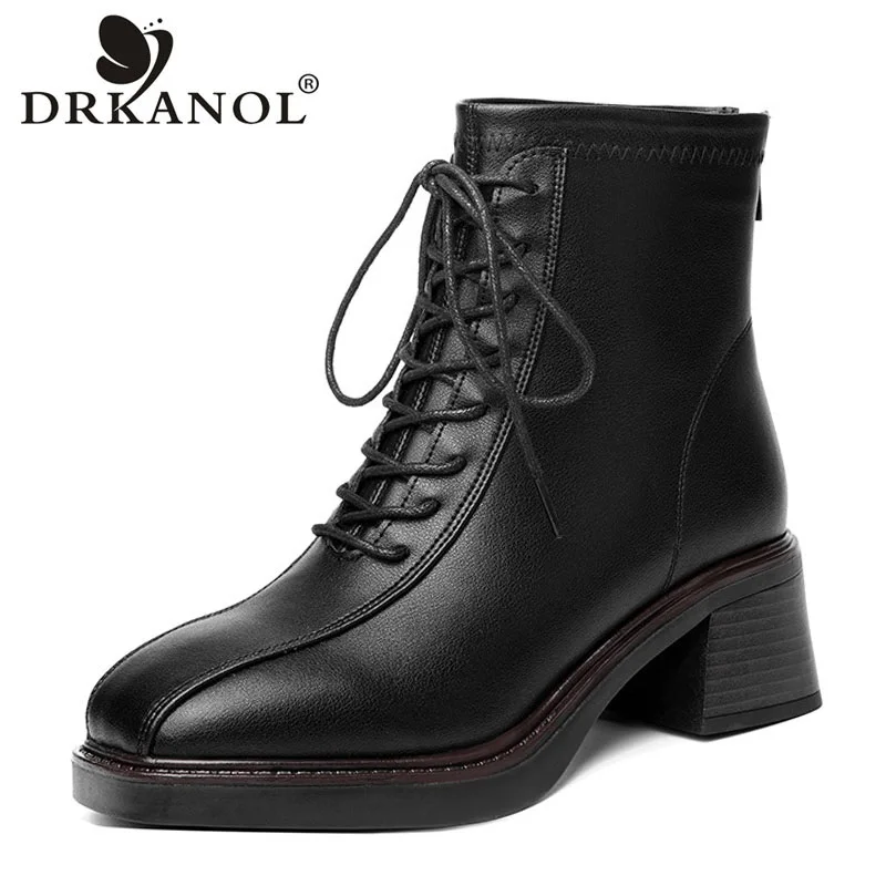 DRKANOL 2024 Women Boots Winter Plush Warm Thick High Heel Ankle Boots Back Zipper Real Cowhide Square Heel Casual Short Boots