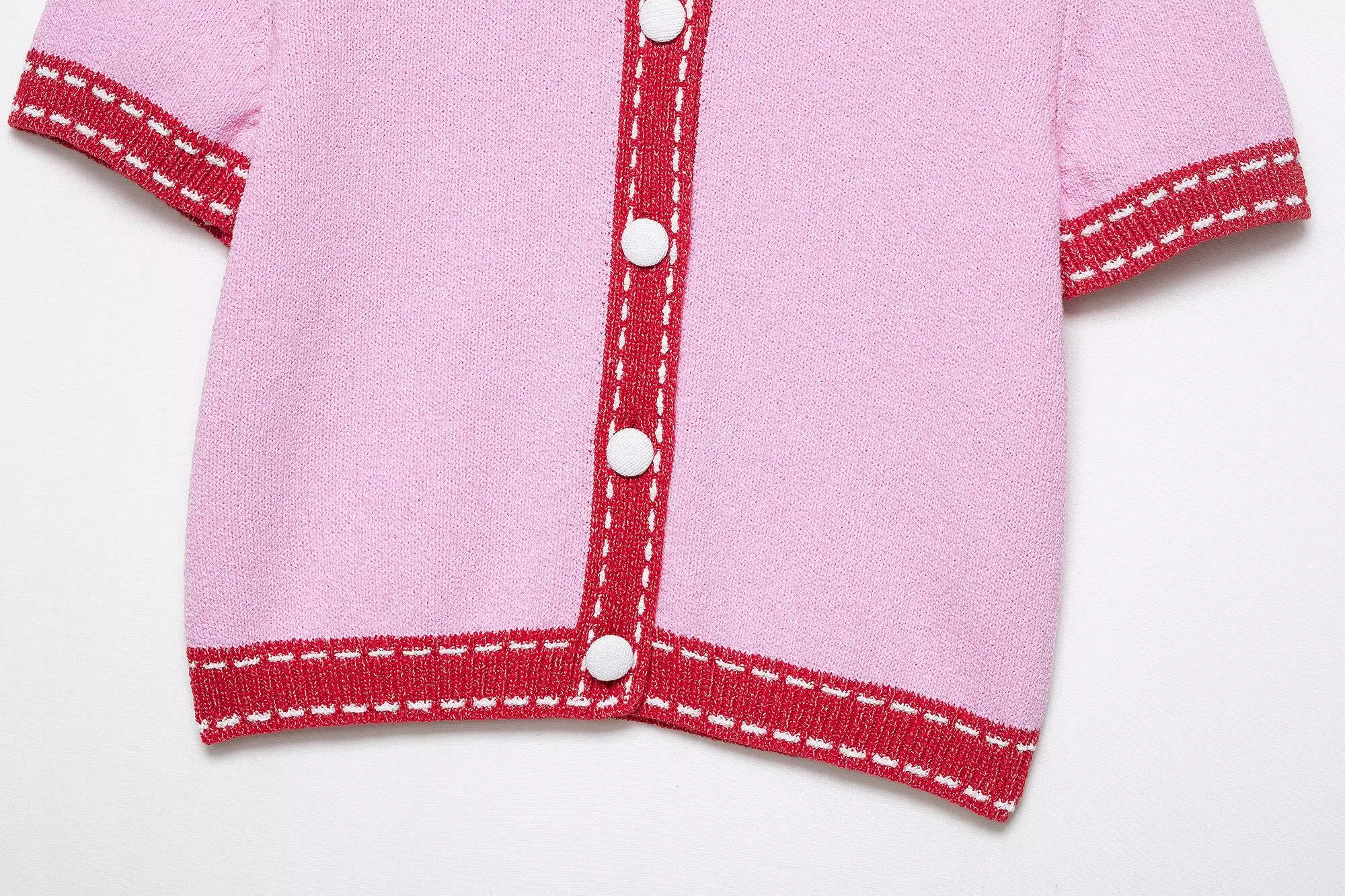 BSAY 패션 신상 여성용 2025 싱글 버튼 칼라 스티치 장식 반팔 배색 니트 코트 탑