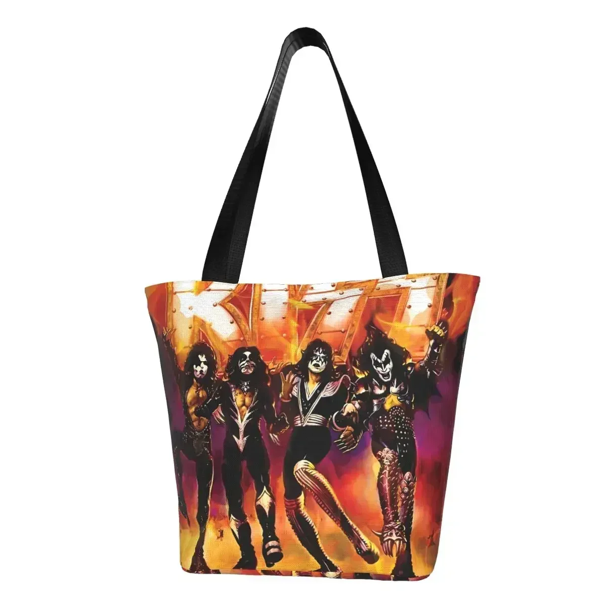 

Kiss Band Shopper Bag Rock Print Shopping s Student Funny Tote Polyester Travel Female Handbags