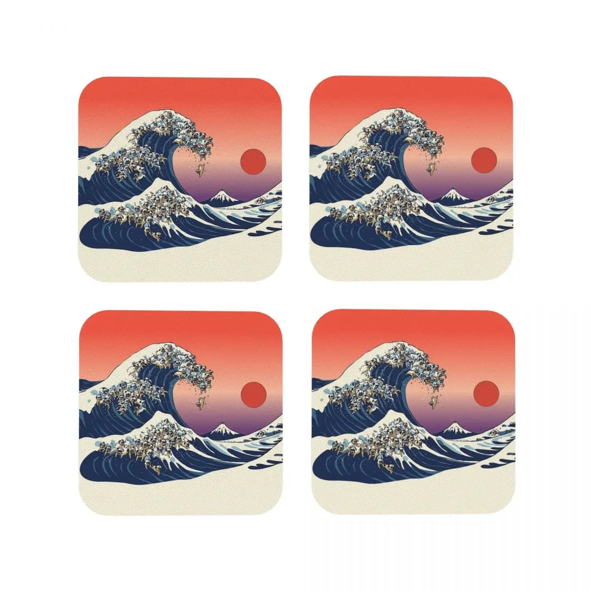 The Great Wave Of Pug Coasters Coffee Mat Set of 4 Placemats Mug Tableware Decoration & Accessories Pads for Home Kitchen Dining