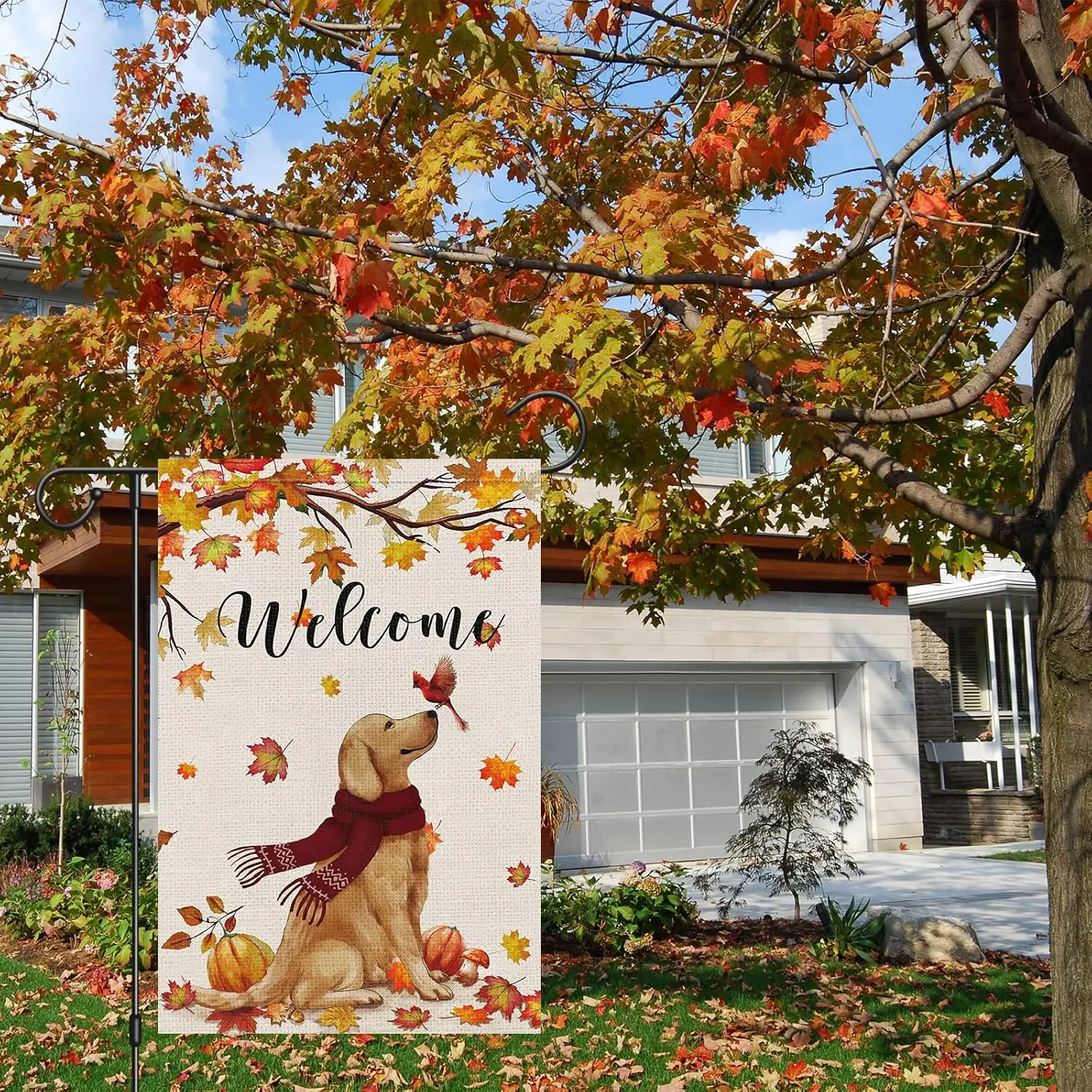 Welcome Fall Garden Flag 12 x 18 Inch Double Sided Burlap, Golden Retriever Dog Cardinal Yard Flags for Seasonal Thanksgivin zzo