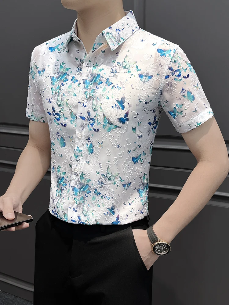Butterfly Jacquard Short Sleeved Shirt for Men Summer Ice Silk Cool Casual Shirts Slim Fit Elegant Business Social Uniform Shirt