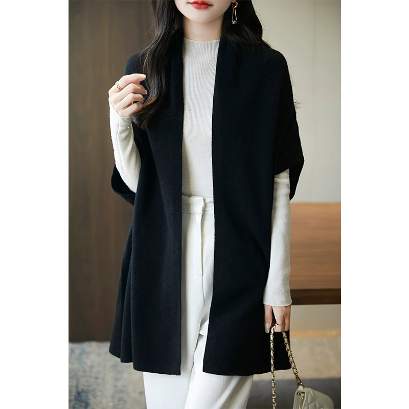 Women's Wool Shawl Loose Cardigan 100% Merino Wool Knitwear Autumn Winter Pure Wool Sweater Comfortable Soft Casual Shawl Coat