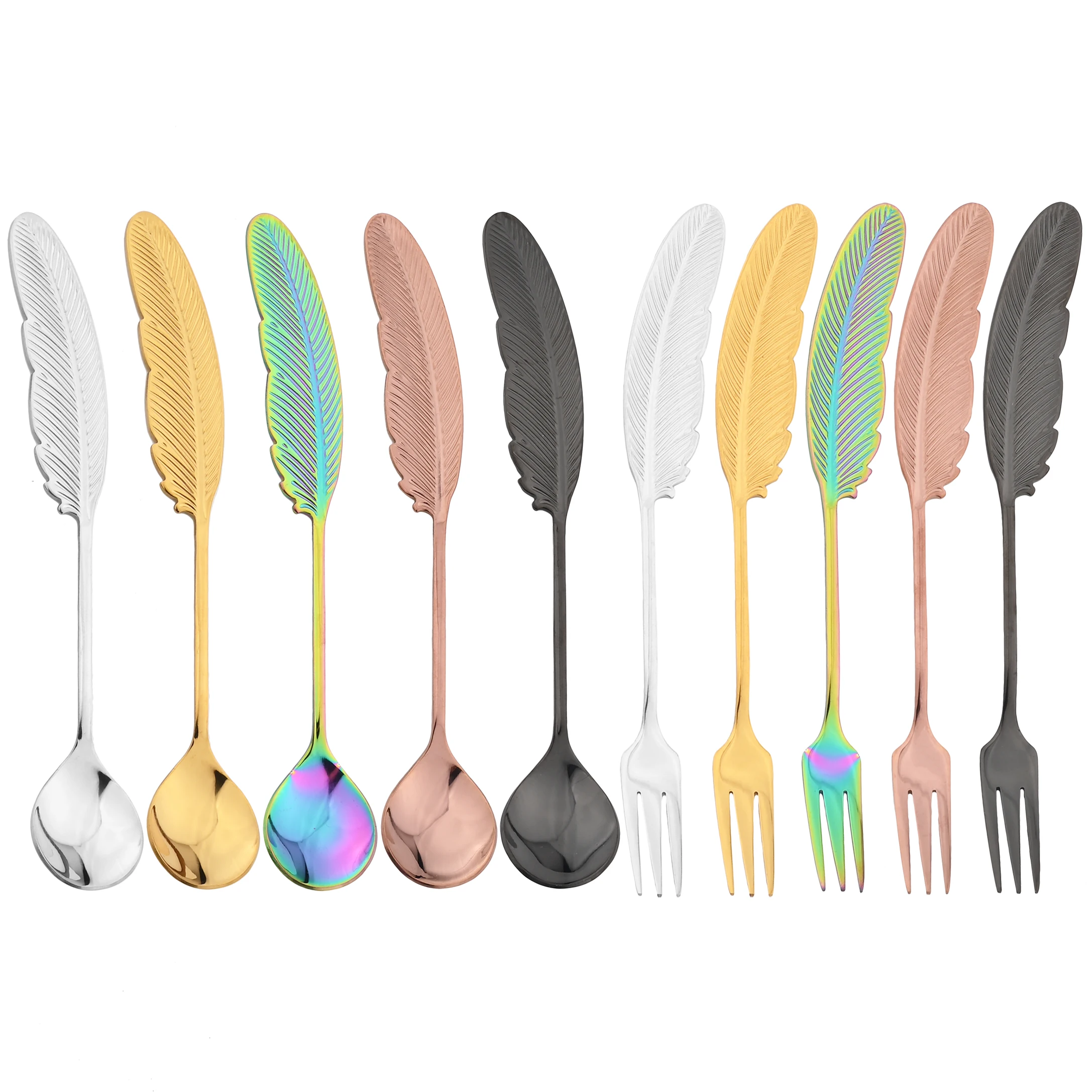 

Feather Spoon Fork Stainless Steel TeaSpoon Creative Coffee Spoon For Ice cream Dessert Scoop Decoration Cutlery Gift Fruit Fork