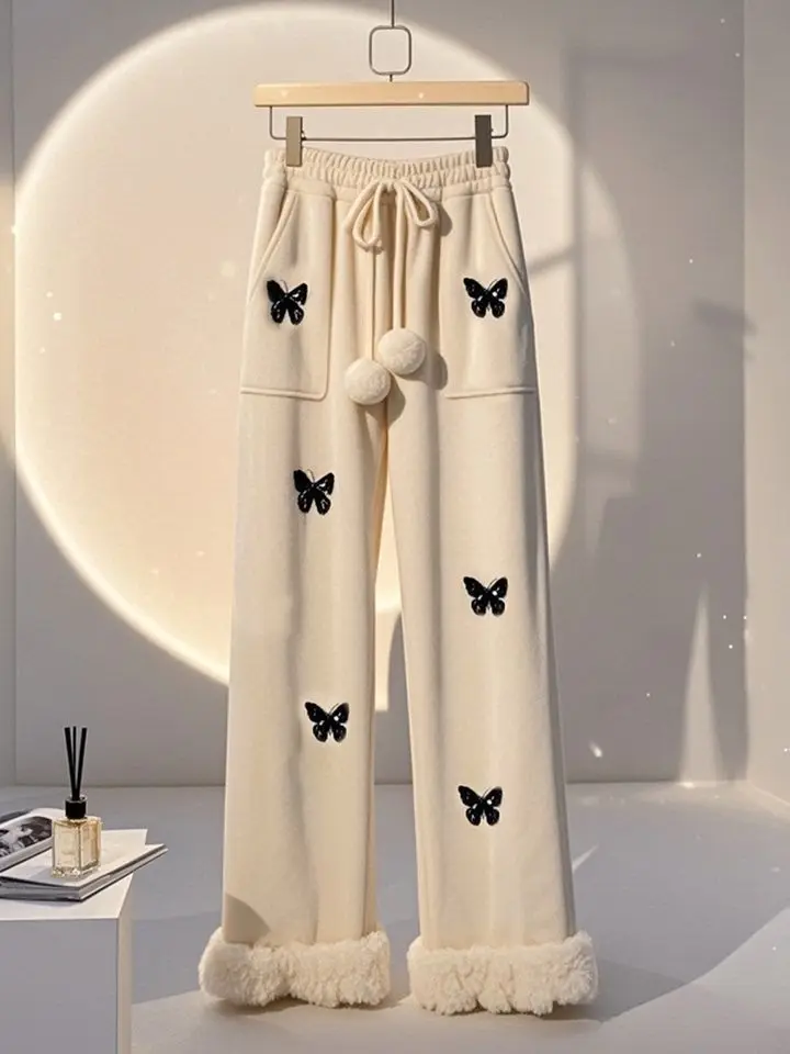 Winter rabbit hair new explosive fashion fashion high-grade super good-looking loose white printed fleece straight pants