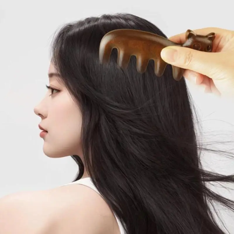 New Cat Shape Sandalwood Hair Comb Scalp Relax Acupoint Massager Portable Wooden Handle Five Teeth Comb Anti-Static Styling Tool