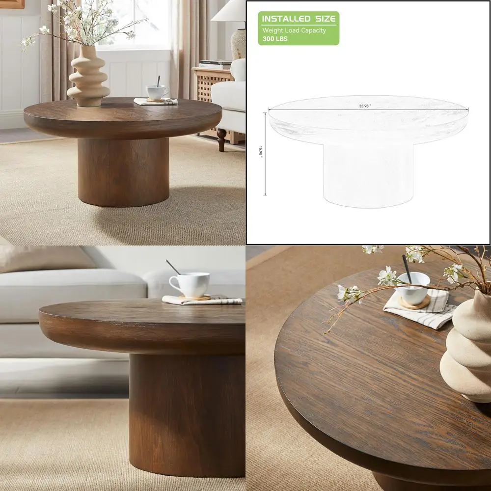 Rustic 35.98 Round Coffee Table, Ideal for Living Rooms, Suitable for Apartments, Easy to Assemble, Dark Brown, 36 Diameter