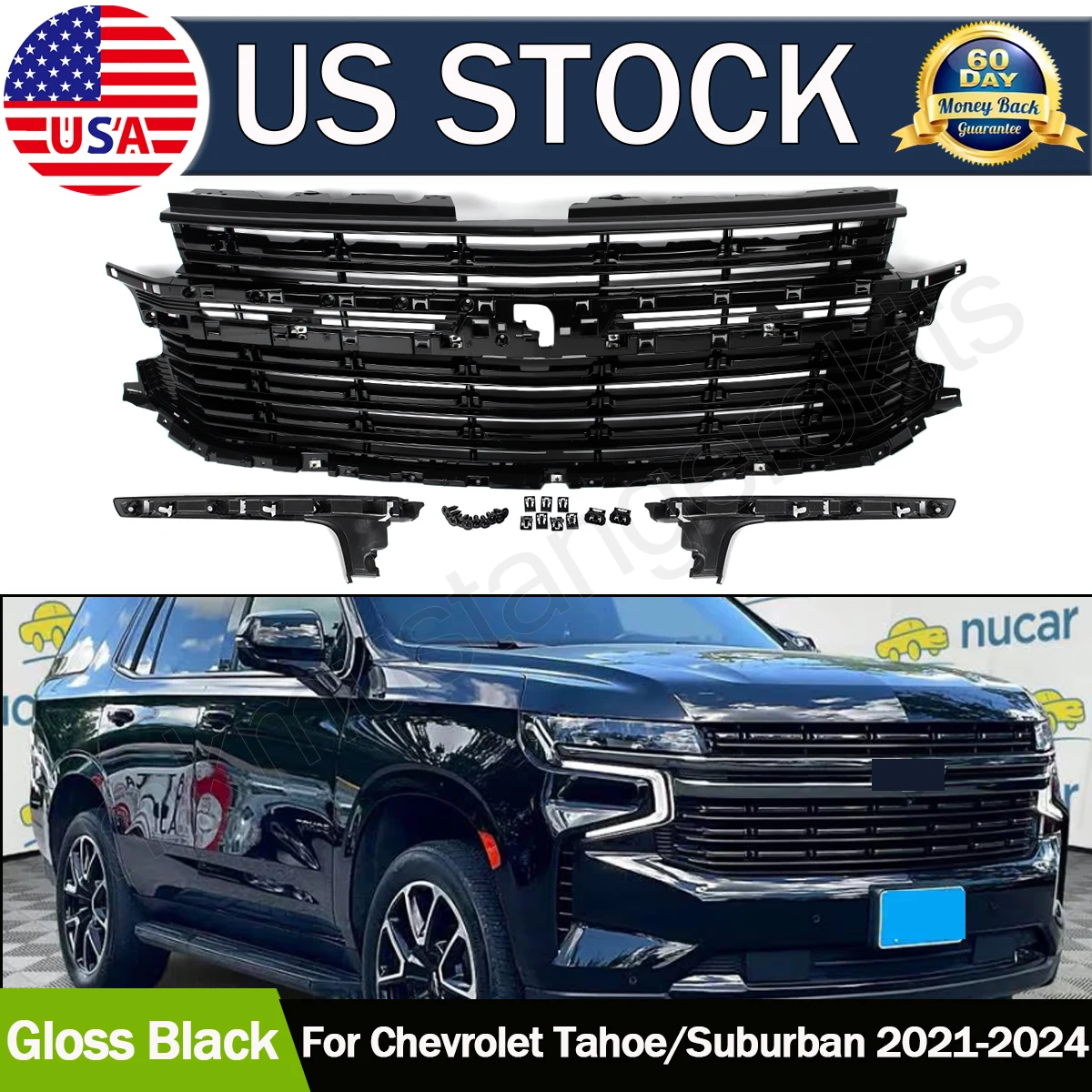 Glossy Black Front Hood Grille Modified Grill For 21-2024 Chevy Tahoe/Suburban LT Front Bumper Upper Grille Radiator Grid Grill