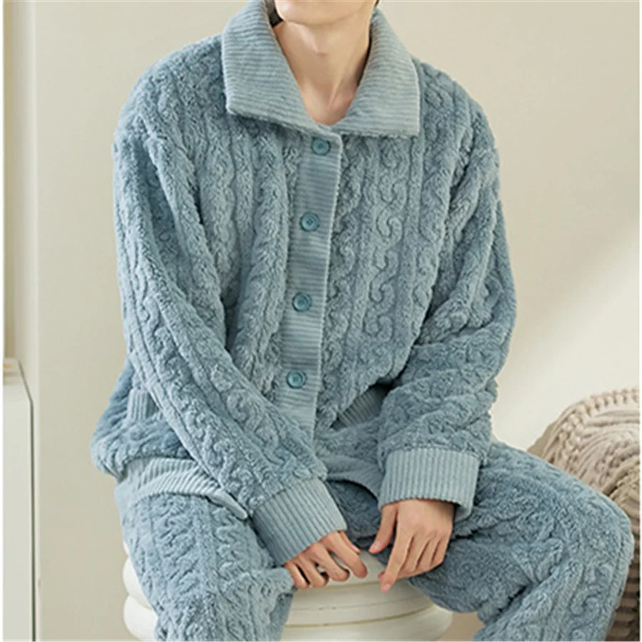 Men Warm Flannel Winter Pajamas Turn-down Collar Long Sleeve Homewear Two-piece Set Loose Comfortable Thick Sleepwear Nightwear