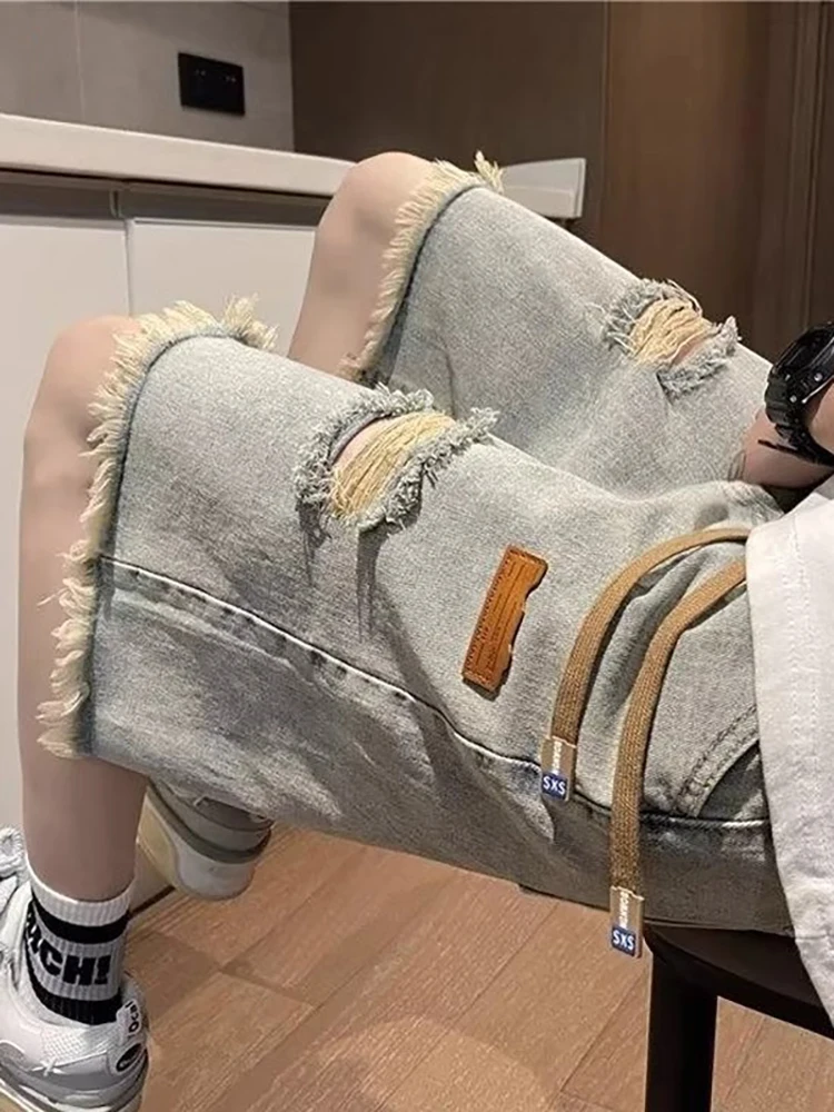 

Aymelon American Retro Waed Ripped Denim orts Men's Summer Casual Loose Straight Five-Point Pants Youth Trendy Jeans