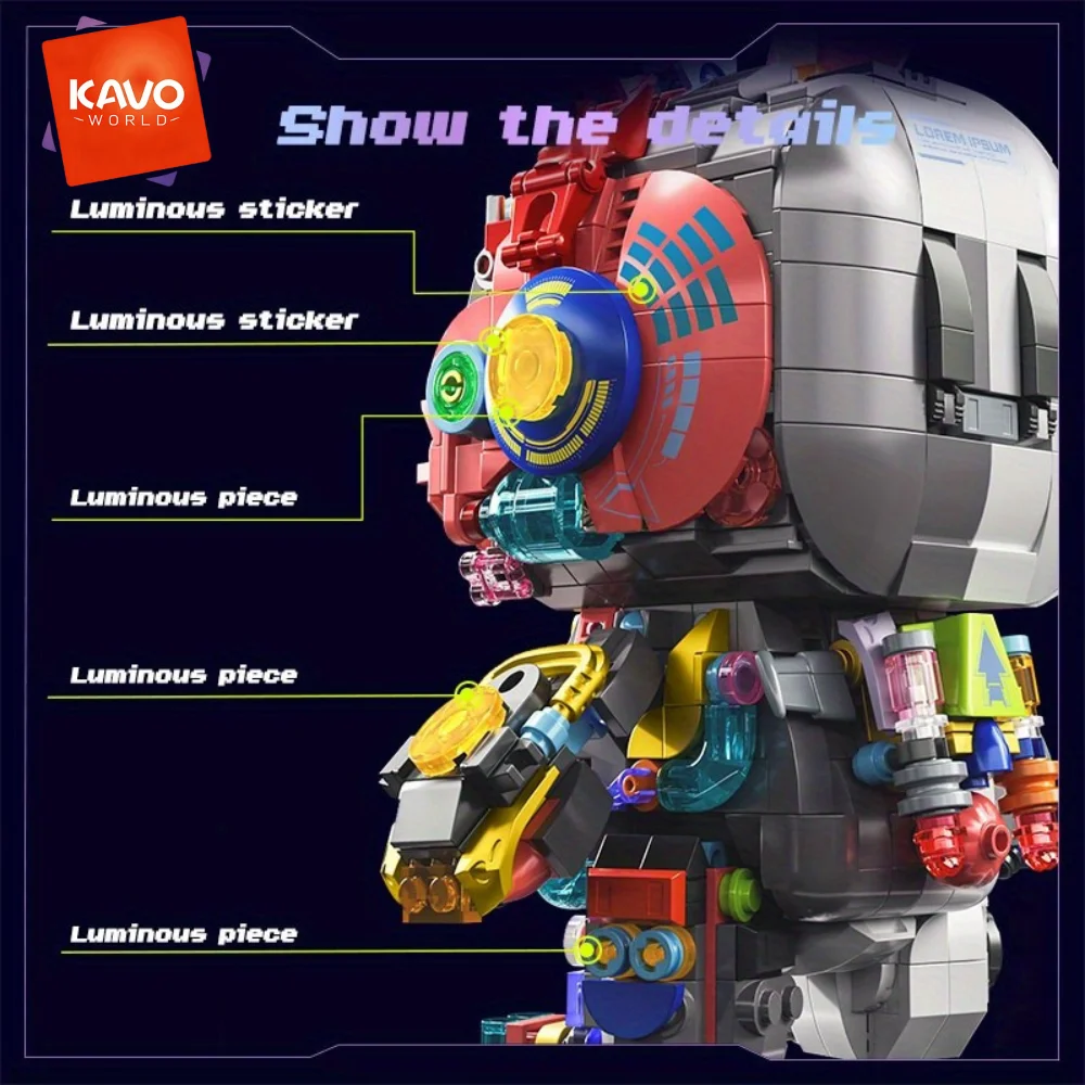KAVOWORLD Cyberpunk Mechanical Rabbit Building Blocks Set LED Light Up Glow-in-the-Dark Bunny Bricks Kit with Gold-plated Parts Semi-transparent Disassembly Design Collectible Desk Decor for Teens Adults Birthday Christmas Gift 1377pcs view 7